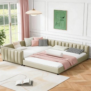 Luxystar Queen & Twin XL Upholstered Mother Child Bed Set, Convertible Daybed with PU Leather and Safety Rail - 1 of 4