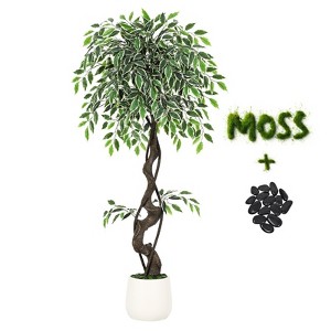 Artificial Ficus Tree for Home Decor, 6 ft Faux Floor Tree White Imitation Ceramic Planter, Lifelike Fake Ficus Tree with Pebbles & Green Fake Moss - 1 of 4