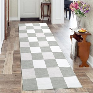 Acekool 5x7 Washable Area Rug, Modern Checkered Plaid, Non-Slip, Stain Resistant Ultra-Thin Low Pile Carpet for Living Room, Bedroom, Grey - 1 of 4