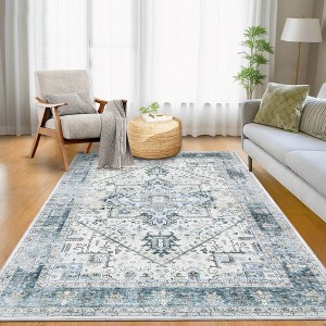 Washable Area Rug Vintage Distressed Rug,Thin Floor Carpet, Foldable Stain Resistant Rug, Faux Wool Rug for Kitchen, Bedroom, Living Room - 1 of 4