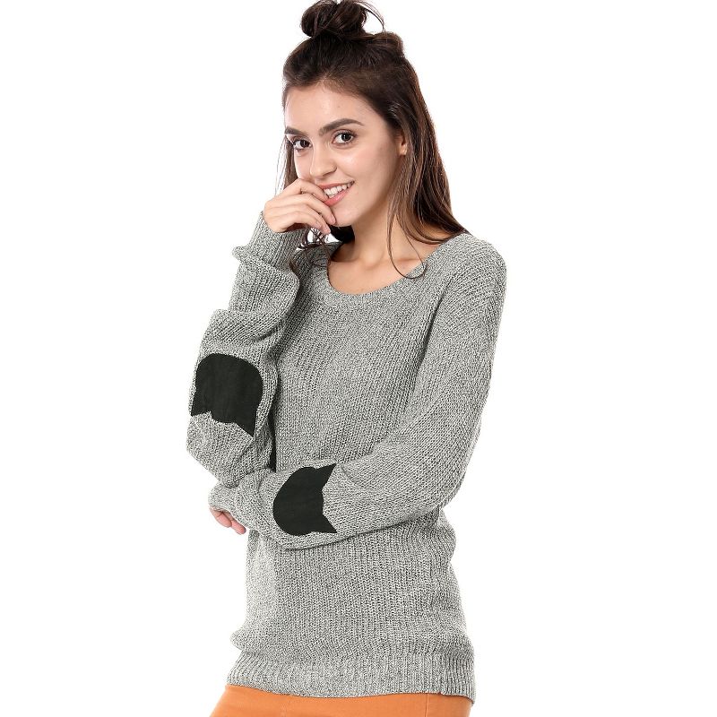 Allegra K Women's Pullover Drop Shoulder Elbow Patch Pullover Loose Sweater, 4 of 8