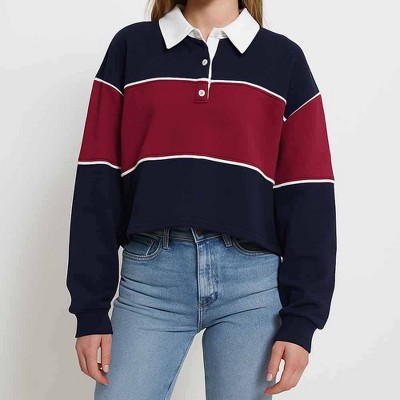 Women's Colorblock Polo Collar Long Sleeve Sweatshirt – Casual Pullover Top for Fall by Cherie Code