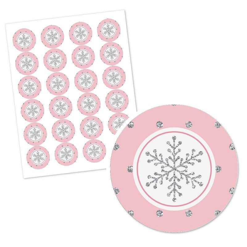 Big Dot of Happiness Pink Winter Wonderland - Holiday Snowflake Birthday Party or Baby Shower Circle Sticker Labels - 24 Count, 2 of 5