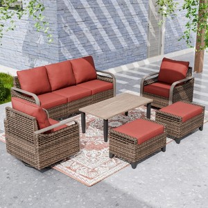 EAGLE PEAK Wicker Outdoor Patio Conversation Set, 2 Swivel Rocking Chairs, 3-Seat Loveseat, 2 Ottomans and Coffee Table, 6 Pieces - 1 of 4