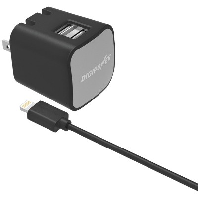 DIGIPOWER InstaSense 2.4-Amp Dual-Port Wall Charger with 5ft USB Cable & Lightning Connector