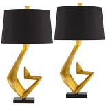 Possini Euro Design Zeus 28 1/2" Tall Modern Glam End Table Lamps Set of 2 Gold Leaf Living Room Bedroom Bedside Nightstand House Black Shade