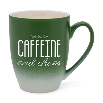 Elanze Designs Fueled By Caffeine And Chaos Two Toned Ombre Matte Green and White 12 ounce Ceramic Stoneware Coffee Cup Mug