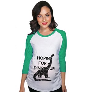 Maternity Raglan Hoping For A Dinosaur Cute Funny Pregnancy Baseball Tee - Crazy Dog Maternity Raglan - 1 of 4