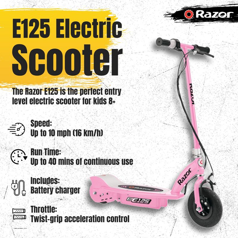 Razor E125 Kids Ride On 24V Motorized Battery Powered Electric Scooter Toy, Speeds up to 10 MPH with Brakes and 8" Pneumatic Tires, Pink, 3 of 7
