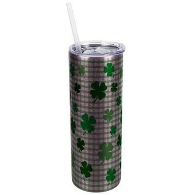 Elanze Designs Green Rose Gold 20 Ounce Double Wall Stainless Steel Glitter Travel Tumbler With Sliding Lid And Straw, Plaid, Shamrock
