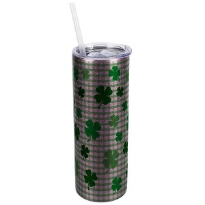 Elanze Designs Green Rose Gold 20 Ounce Double Wall Stainless Steel Glitter Travel Tumbler With Sliding Lid And Straw, Plaid, Shamrock - 1 of 4