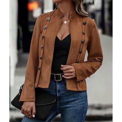 Women Jackets Double Breasted Decorative Suede Vintage Long Sleeve Jacket Coat