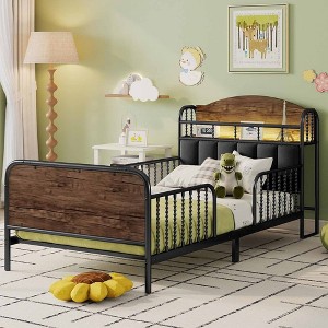 QingMoon Twin Bed Frame for Kids, Metal Platform Bed Frame with Light, Modern Twin Size Beds with Rails and Storage Headboard for Girls & Boys - 1 of 4