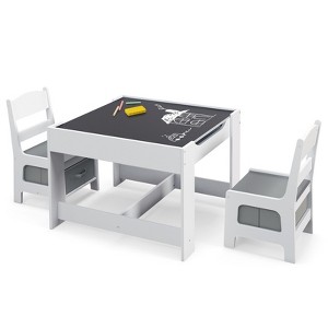 Tangkula 3 in 1 Kids Wood Table Chairs Set w/ Storage Box Blackboard Drawing Grey - 1 of 4
