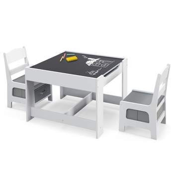 Tangkula 3 in 1 Kids Wood Table Chairs Set w/ Storage Box Blackboard Drawing Grey