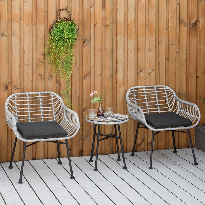 Outsunny 3-Piece Patio Rattan Chair and Table Furniture Set, Outdoor Bistro Set with Two Chairs and Coffee Table for Garden, or Backyard, 2 of 7