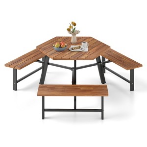 Tangkula 6 Person Acacia Wood Picnic Table Bench Set w/3 Seats Umbrella Hole Metal Frame - 1 of 4