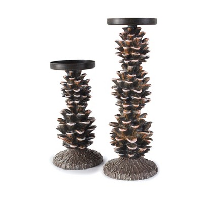 Lakeside Pinecone Pillar Candle Holders - Lighted Centerpiece Accent - Set of 2