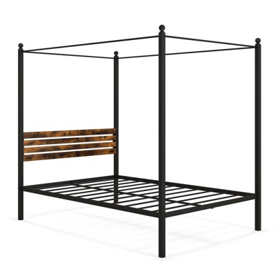 Infans Full Size Canopy Bed Frame 4-Poster Platform Bed Frame w/ Industrial Headboard