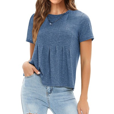 EXLURA Womens Summer Cute Crop Tops Short Sleeve Pleated T-shirts Crewneck Blouse
