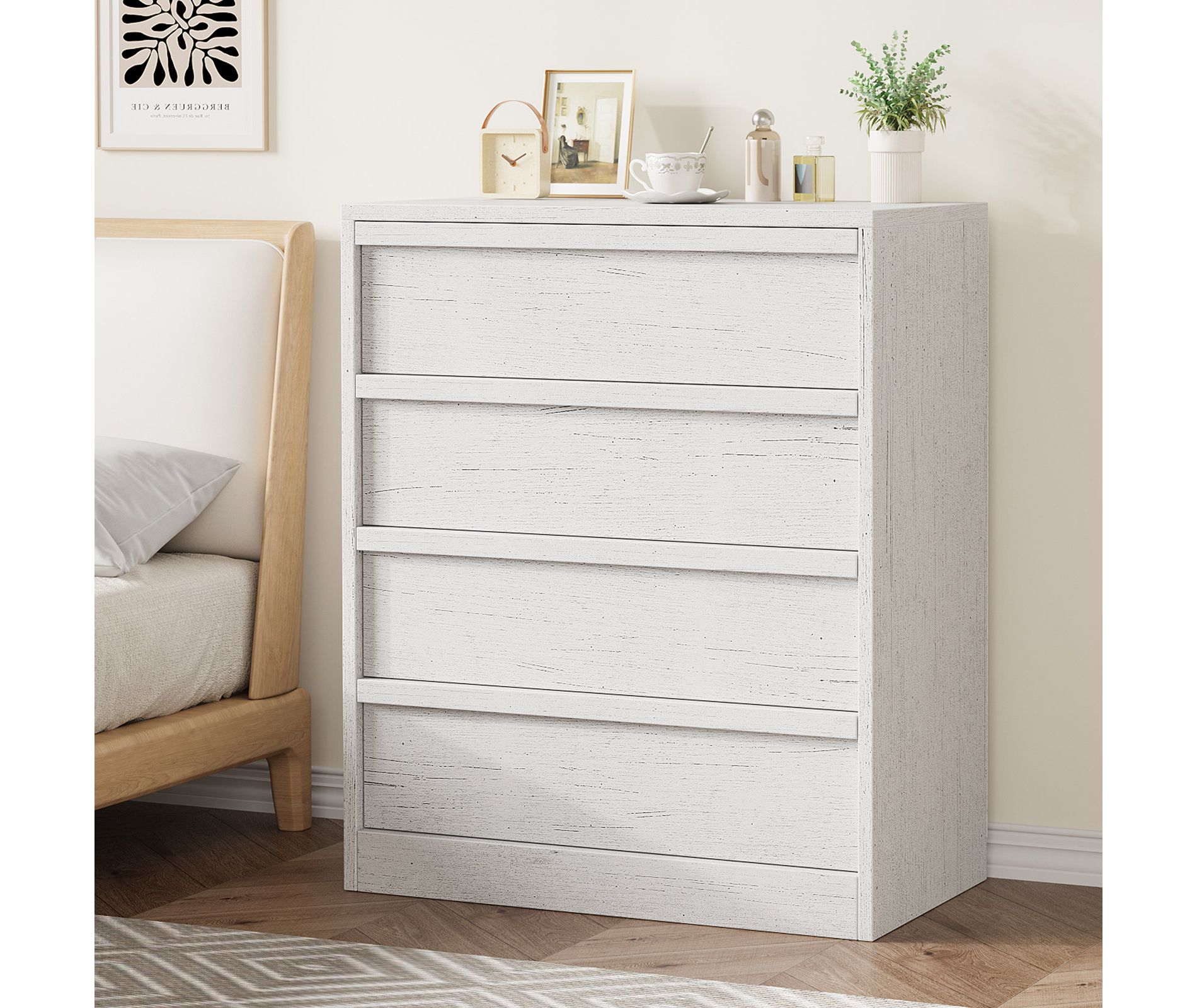 Garvee 4 Drawer Dresser for Bedroom, White Nightstand 4 Chest of Drawers with Large Storage, Small Bedside Table for Living Room, Nursery, Entryway