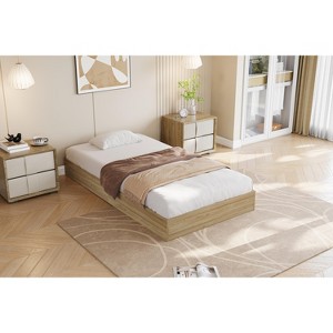 Twin Size Wooden platform bed, solid wooden slats, floor-standing bed frame, modern minimalist design, space-saving, no box spring required - 1 of 4