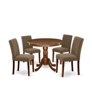 Round Dining Set 5pc - 36" Table & 4 Chairs - Linen Fabric, Mahogany Legs - Elegant Dining Room Furniture - 1 of 4