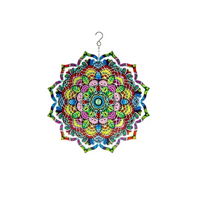 Evergreen 12" 3D Optical Illusion Hanging Metal Spinner, Mandala Flower- Fade and Weather Resistant Outdoor Decor