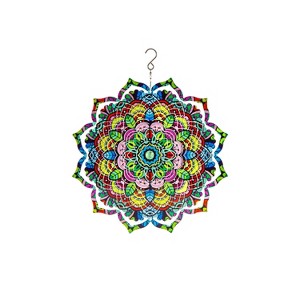 Evergreen 12" 3D Optical Illusion Hanging Metal Spinner, Mandala Flower- Fade and Weather Resistant Outdoor Decor - 1 of 4