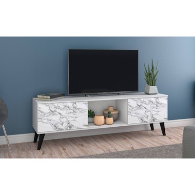 White and Marble Mid-Century Modern TV Stand with Cabinet