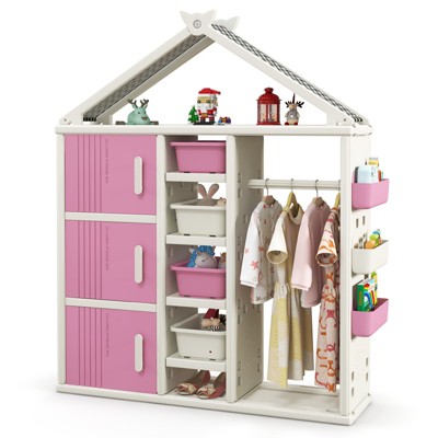 Infans Kids Costume Storage Closet Children Pretend Dresser w/Storage Bins Shelves Pink