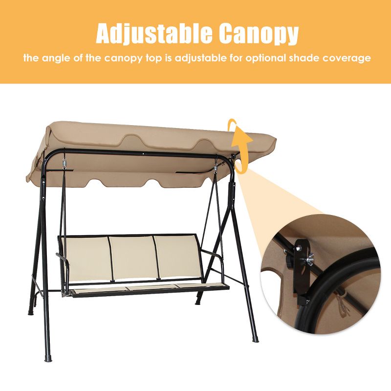 Costway Outdoor Patio Swing Canopy 3 Person Canopy Swing Chair Patio Hammock Brown, 5 of 11