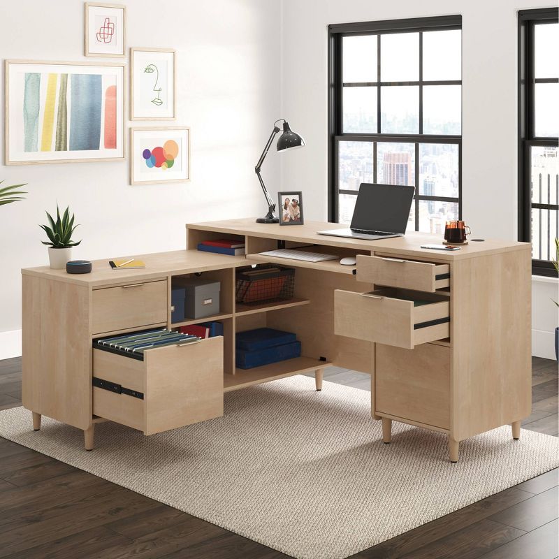 Clifford Place L-Shaped Desk Natural Maple - Sauder: Executive Workstation, Corner Design, Keyboard Shelf, Mid-Century Modern Style, 3 of 7