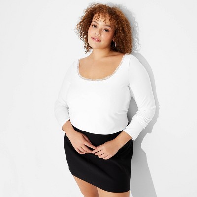 Women's Long Sleeve Lace Trim Open Back Top - Wild Fable™