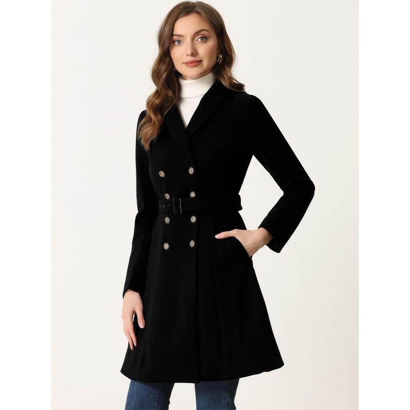 Allegra K Women's Double Breasted Winter Flat Collar Belted Coat With Pockets, 4 of 7