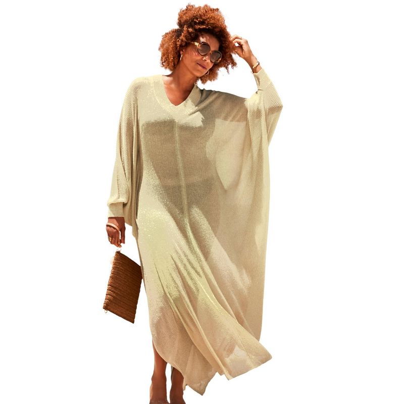 Swimsuits for All Women's Plus Size Long V-Neck Shimmer Caftan Tunic Cover Up, 1 of 2