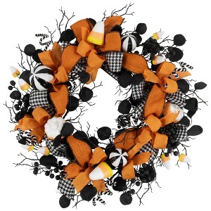 Northlight Houndstooth Bows and Candy Corn Halloween Wreath - 24" - 1 of 4