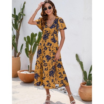 Womens Dress Elegant Short Sleeve V Neck Floral Split A-Line Maxi Dress