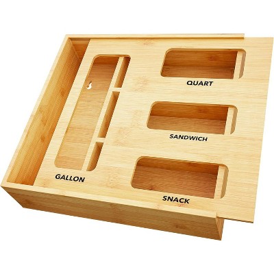 Attop Bag Storage Organizer for Kitchen Drawer, Bamboo Organizer, Compatible with Snack Variety Size Bag 4 Slots