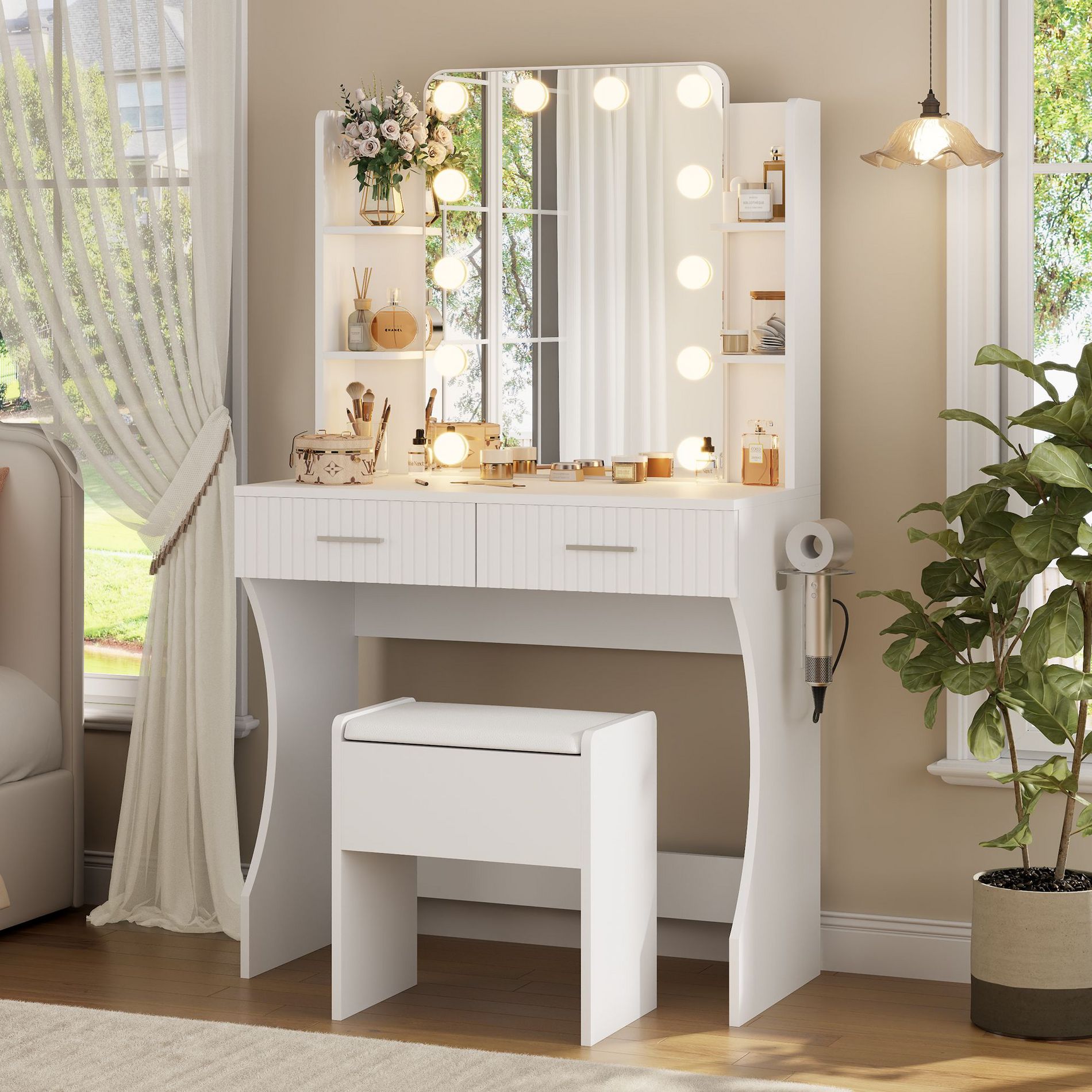 Vanity Desk with LED Lighted Mirror and 3 Adjustable Lights, Makeup Vanity with Storage Stool, 2 Large Drawers and 4 Open Shelves, White