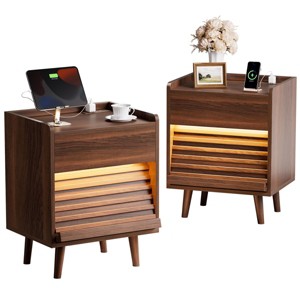 WOWLIVE Wooden Nightstand with 2 Drawers, Modern Bedside Table with Outlets & LED Lights, File Cabinet - 1 of 4