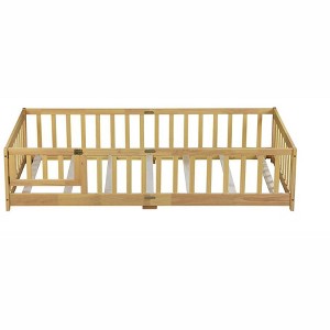 COWLOWN Twin Size Floor Bed with Safety Fence & Door, Rubber Wood Montessori Bed for Toddlers - 1 of 4