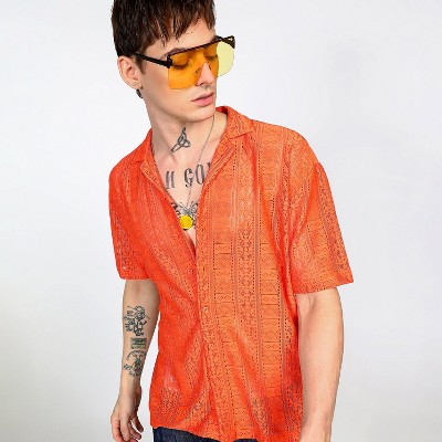 Campus Sutra Men Men's Tangerine Orange Oversized Geometric Shirt