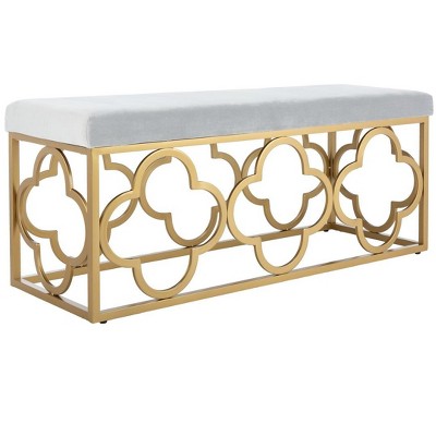 Elegant Fleur Quatrefoil Bench in Gray Velvet and Gold Finish