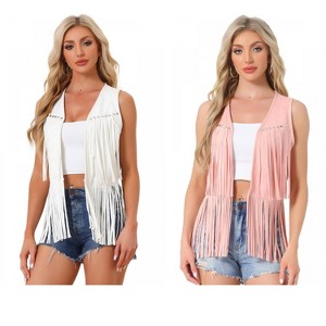 INSPIRE CHIC Women's 70s Western Open Front Faux Suede Fringe Vest 2 Packs - 1 of 4