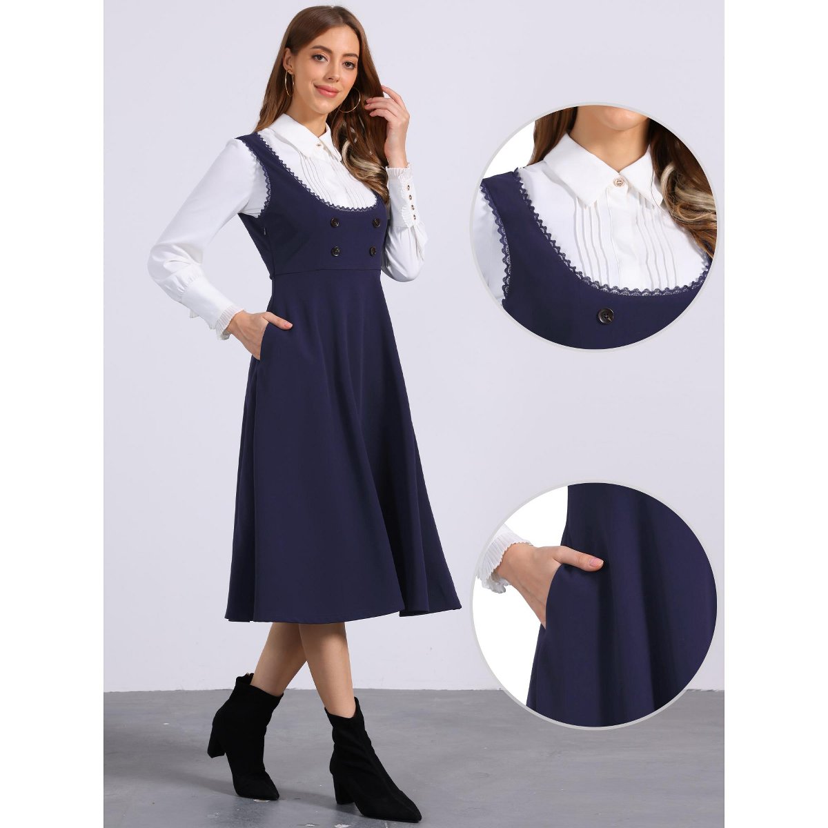 Женские платья INSPIRE CHIC Women's Lace Trim Button Decor Midi Pinafore Dresses with Pockets Dark Blue X-Large — фото 2