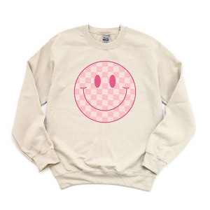 Simply Sage Market Women's Graphic Sweatshirt Pink Checker Smiley Face - 1 of 2