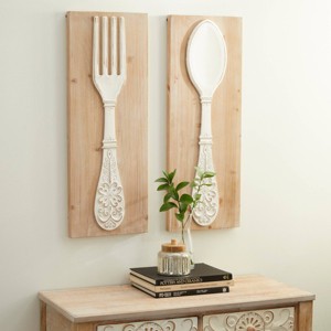 Wood Utensils Carved Wall Decor Set of 2 Brown - Olivia & May: MDF Vertical Farmhouse Art, Spot Clean, 31.5" Height - 1 of 4