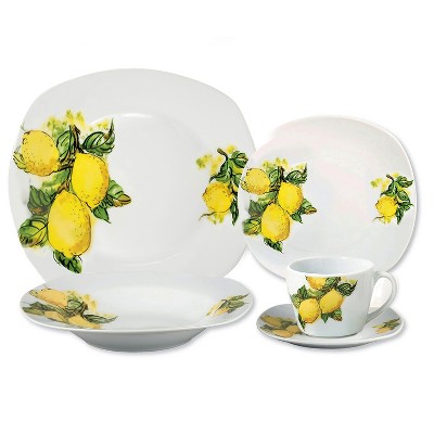 Lorren Home Trends Porcelain 20 Piece Square Dinnerware Set Service for 4-Lemon Design
