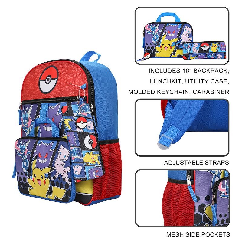 Pokemon 5-Piece Set: 16" Backpack, Padded Utility Case, Small Utility Case, Rubber Keychain, and Carabiner, 4 of 8